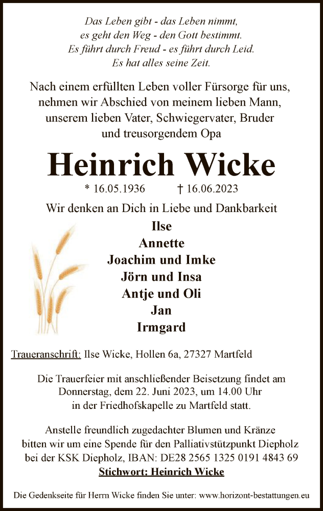  Traueranzeige für Heinrich Wicke vom 20.06.2023 aus SYK