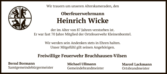 Traueranzeige von Heinrich Wicke von SYK