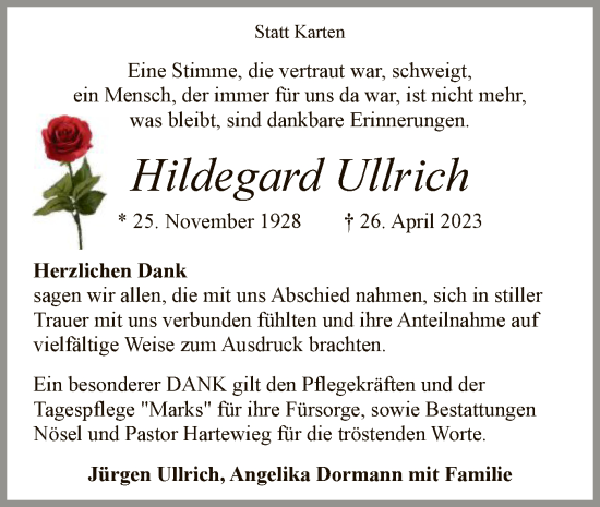 Traueranzeige von Hildegard Ullrich von SYK