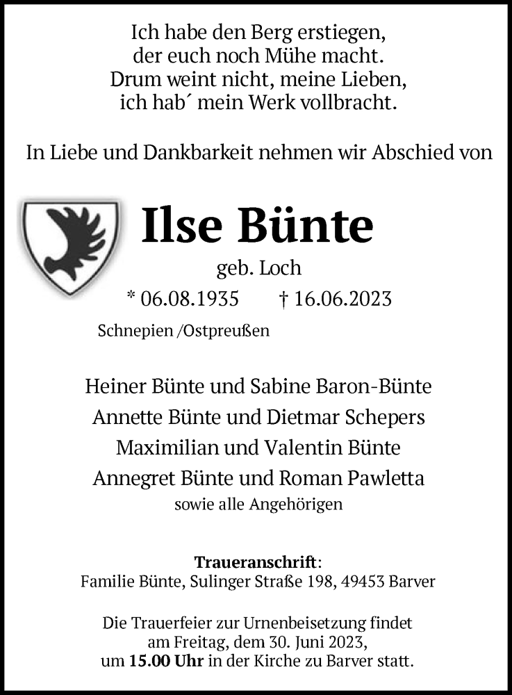  Traueranzeige für Ilse Bünte vom 24.06.2023 aus SYK