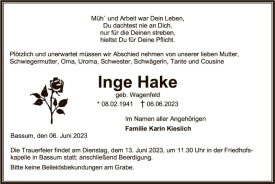 Traueranzeige von Inge Hake von SYK