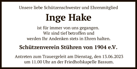 Traueranzeige von Inge Hake von SYK