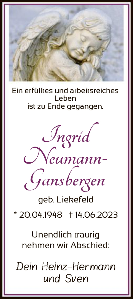  Traueranzeige für Ingrid Neumann-Gansbergen vom 30.06.2023 aus SYK