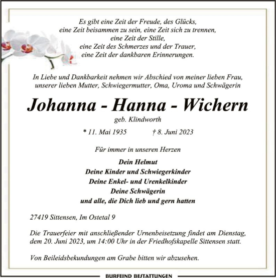 Traueranzeige von Johanna Wiehern von SYK