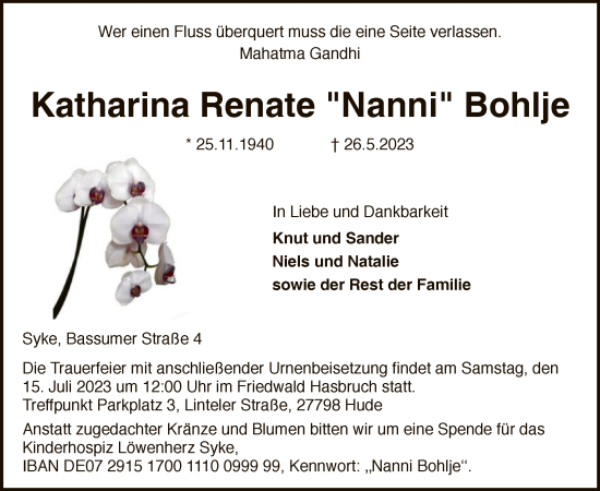 Traueranzeige von Katharina Renate Bohlje von SYK