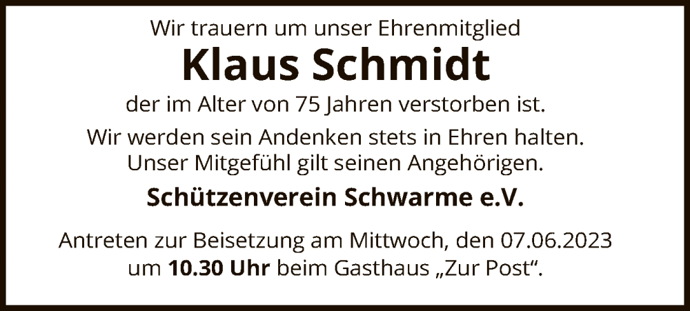 Traueranzeige für Klaus Schmidt vom 02.06.2023 aus SYK