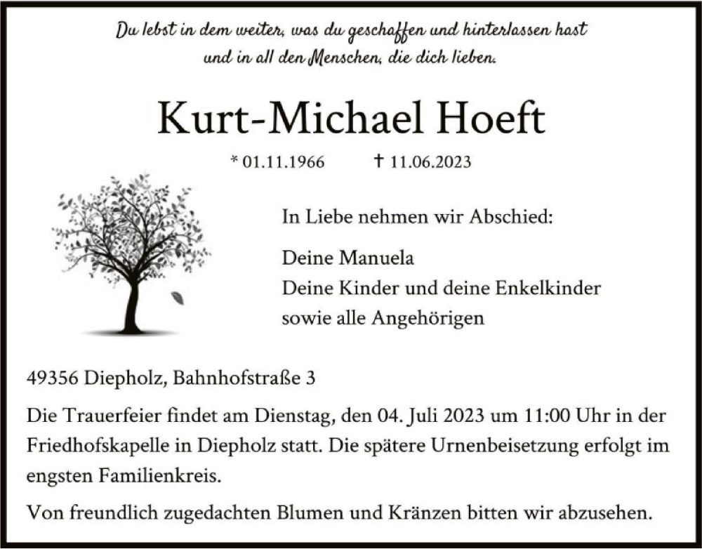  Traueranzeige für Kurt-Michael Hoeft vom 24.06.2023 aus SYK