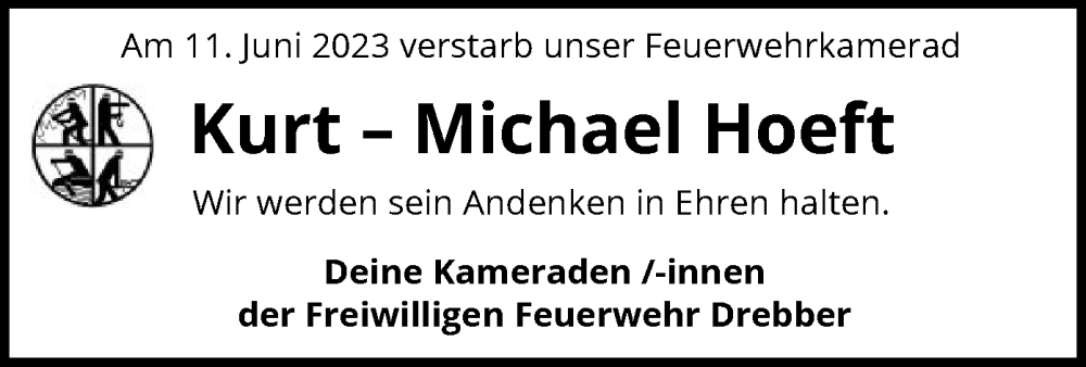  Traueranzeige für Kurt-Michael Hoeft vom 27.06.2023 aus SYK