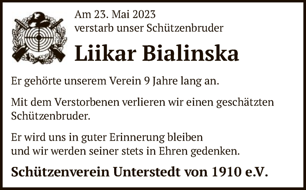  Traueranzeige für Liikar Bialinska vom 17.06.2023 aus SYK