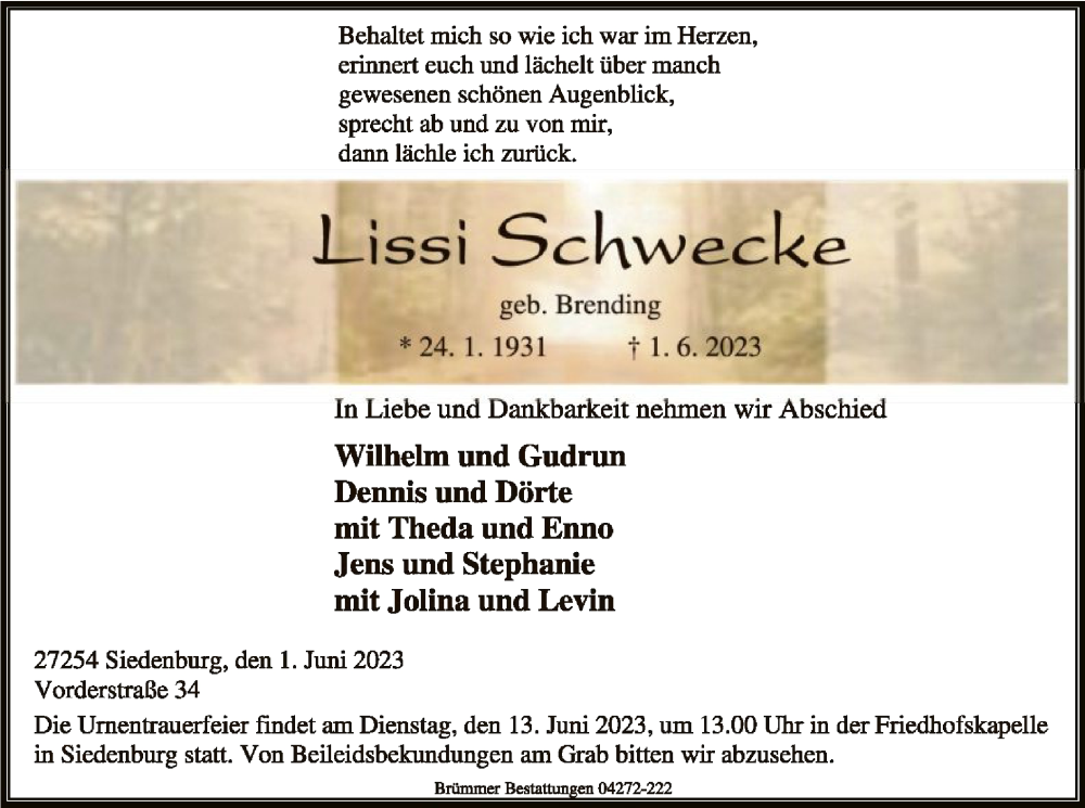  Traueranzeige für Lissi Schwecke vom 03.06.2023 aus SYK