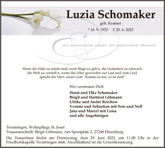 Traueranzeige von Luzia Schomaker von SYK