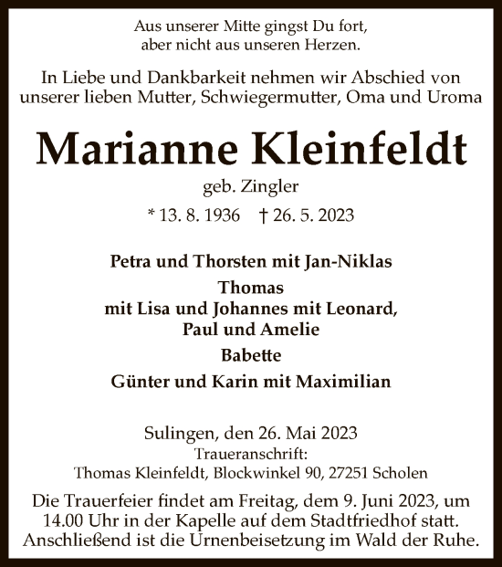 Traueranzeige von Marianne Kleinfeldt von SYK