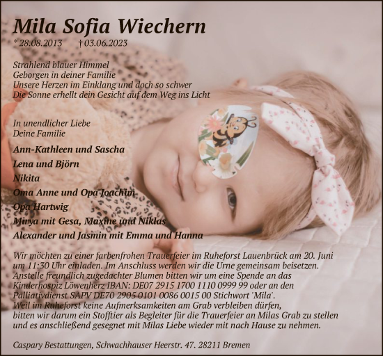 Traueranzeigen Von Mila Sofia Wiechern Trauer Kreiszeitung De