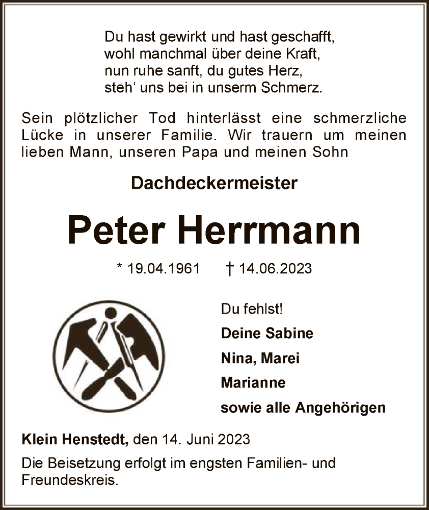  Traueranzeige für Peter Herrmann vom 17.06.2023 aus SYK