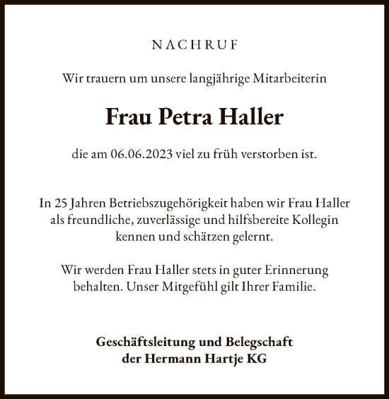 Traueranzeige von Petra Haller von SYK