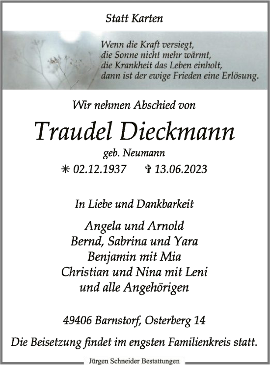 Traueranzeige von Traudel Dieckmann von SYK