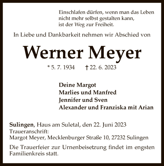 Traueranzeige von Werner Meyer von SYK