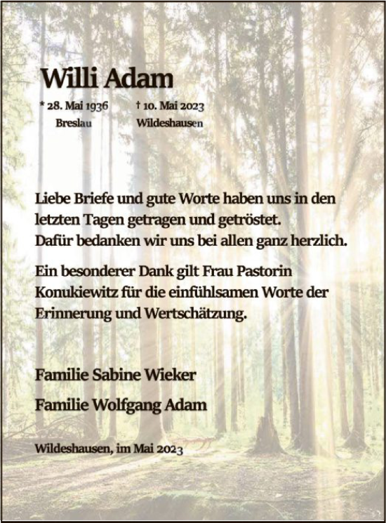 Traueranzeige von Willi Adam von SYK