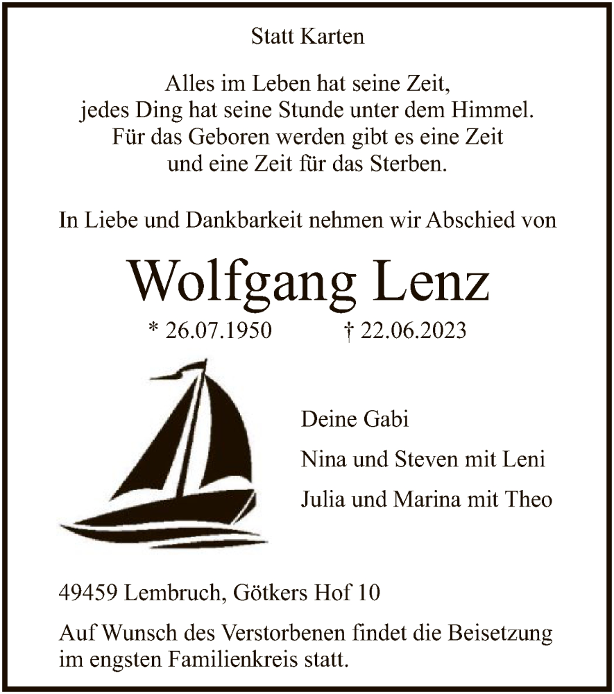  Traueranzeige für Wolfgang Lenz vom 27.06.2023 aus SYK