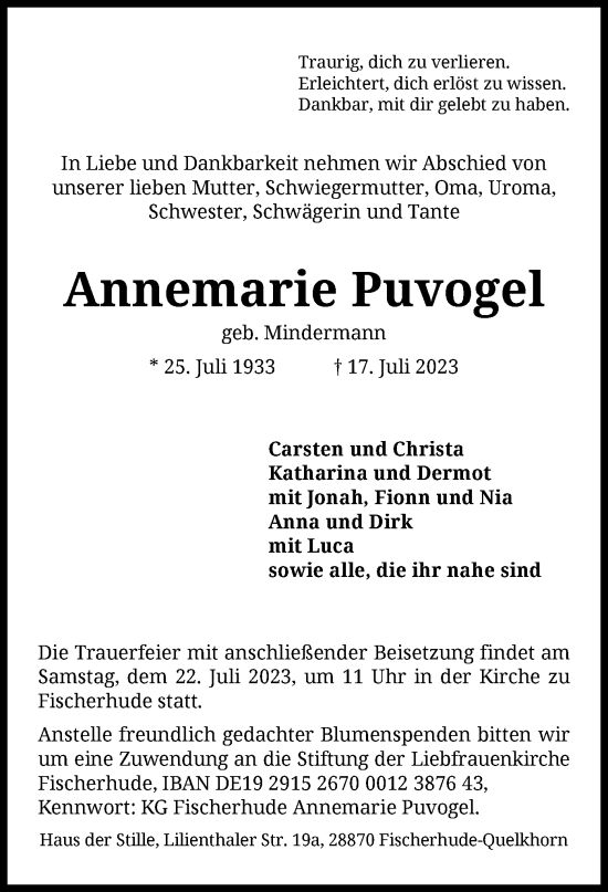 Traueranzeigen Von Annemarie Puvogel | Trauer.kreiszeitung.de