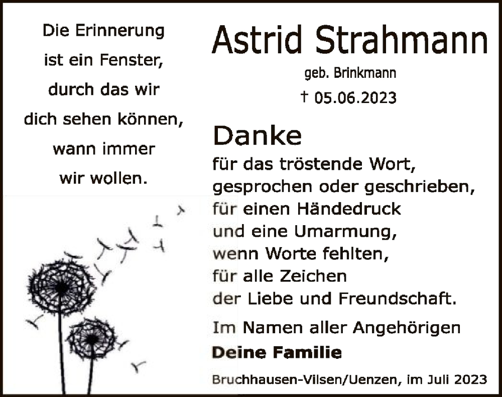  Traueranzeige für Astrid Strahmann vom 15.07.2023 aus SYK