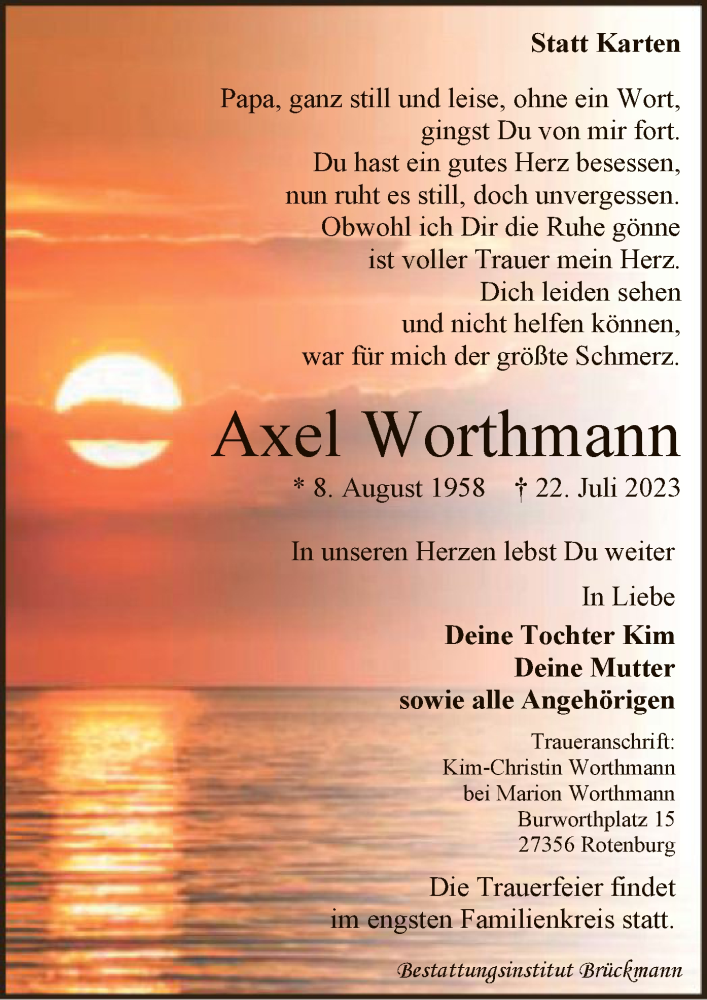  Traueranzeige für Axel Worthmann vom 29.07.2023 aus SYK