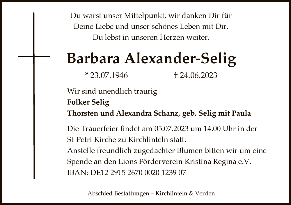  Traueranzeige für Barbara Alexander-Selig vom 01.07.2023 aus SYK