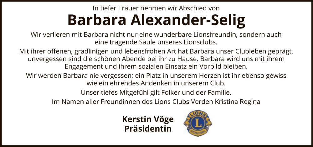  Traueranzeige für Barbara Alexander-Selig vom 01.07.2023 aus SYK