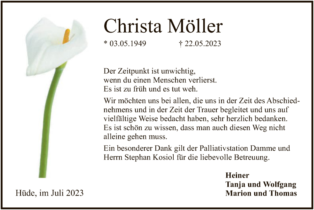  Traueranzeige für Christa Möller vom 14.07.2023 aus SYK