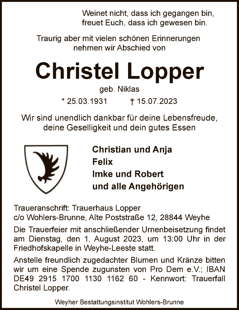  Traueranzeige für Christel Lopper vom 22.07.2023 aus SYK