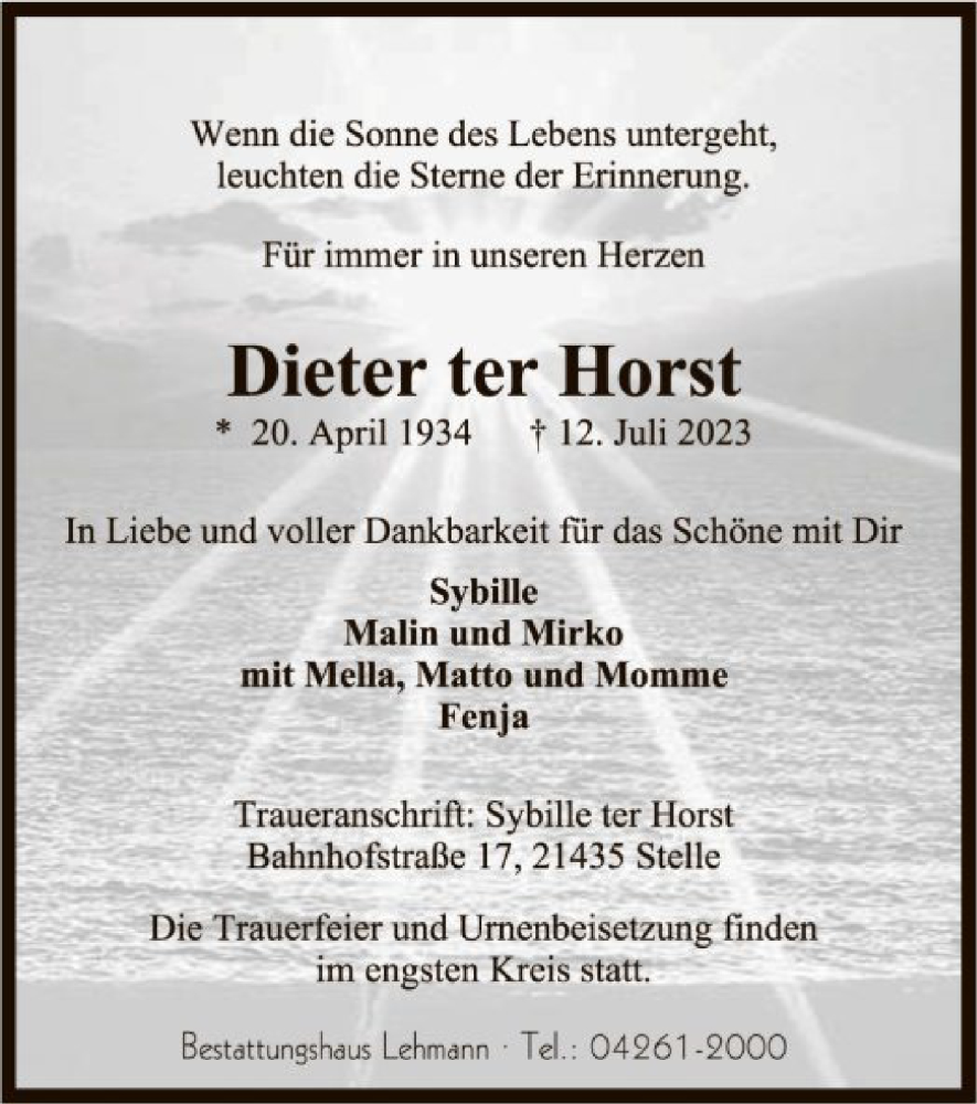  Traueranzeige für Dieter ter Horst vom 19.07.2023 aus SYK