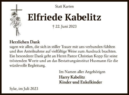 Traueranzeige von Elfriede Kabelitz von SYK