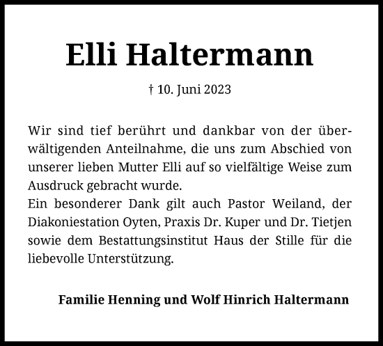 Traueranzeige von Elli Haltermann von SYK