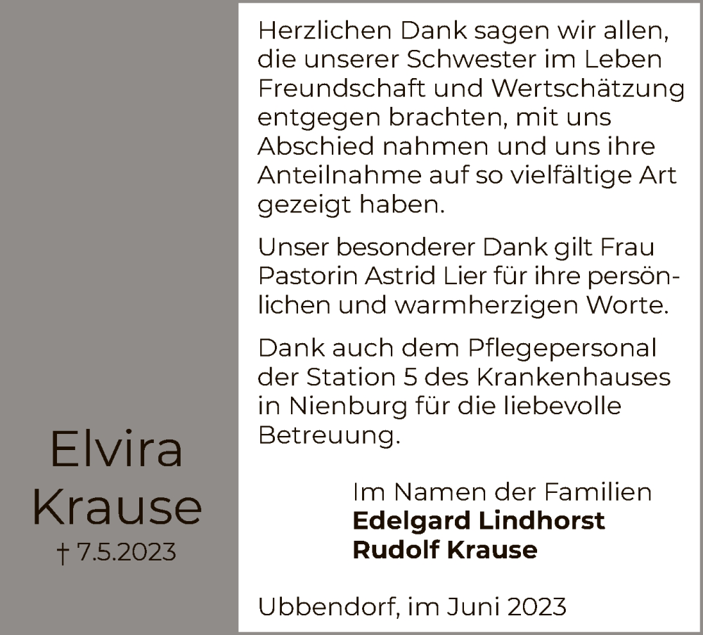  Traueranzeige für Elvira Krause vom 01.07.2023 aus SYK