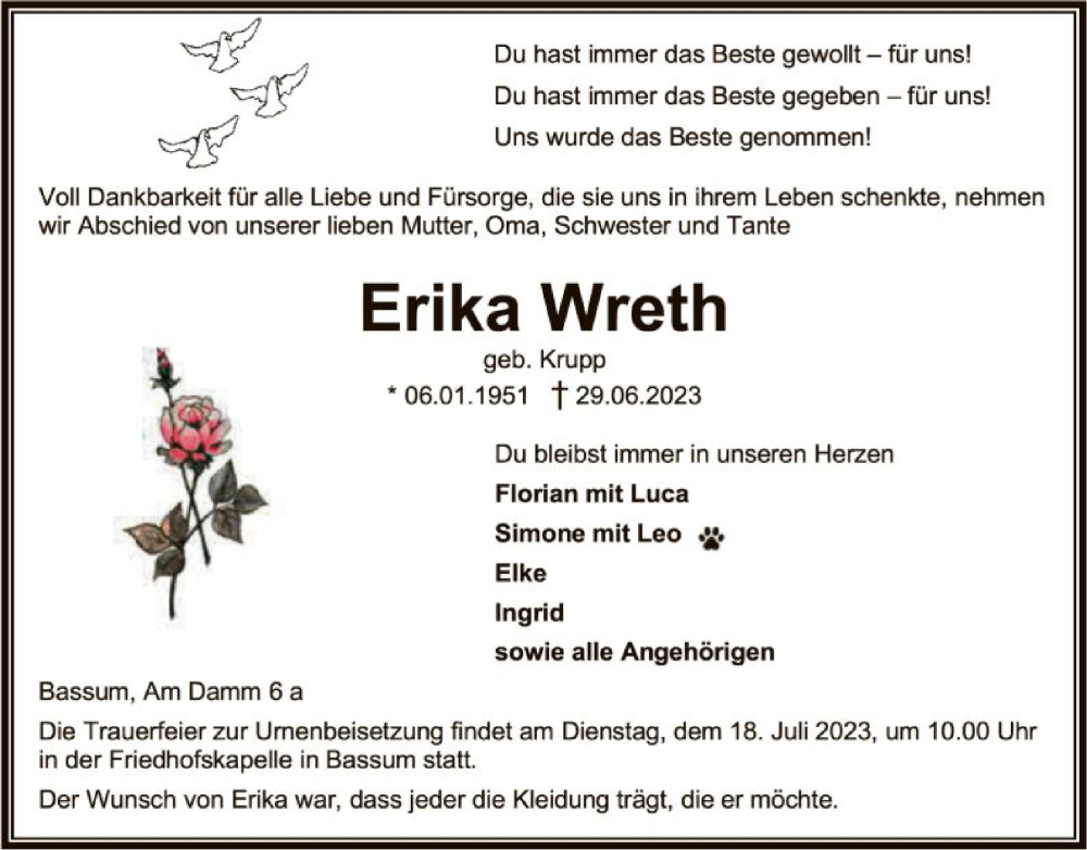  Traueranzeige für Erika Wreth vom 01.07.2023 aus SYK