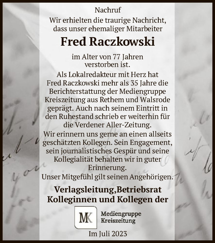  Traueranzeige für Fred Raczkowski vom 22.07.2023 aus SYK