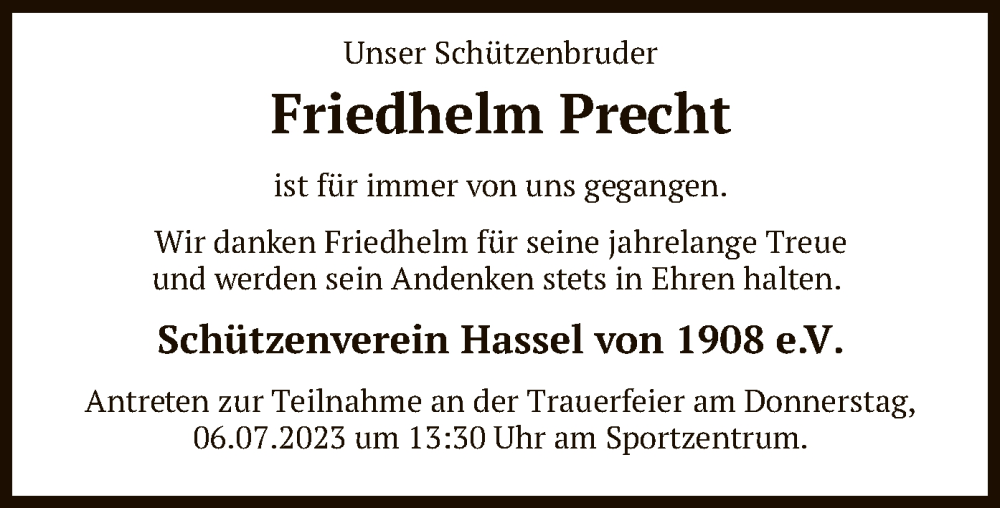  Traueranzeige für Friedhelm Precht vom 01.07.2023 aus SYK