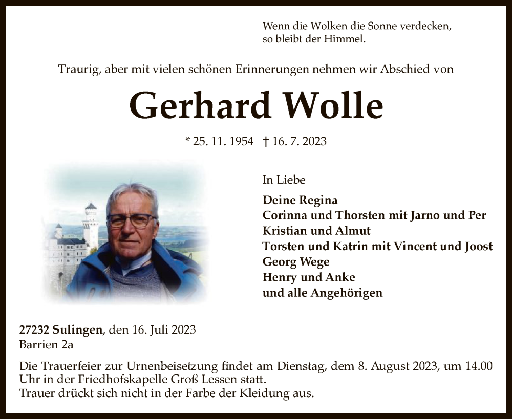  Traueranzeige für Gerhard Wolle vom 22.07.2023 aus SYK