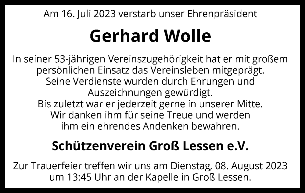  Traueranzeige für Gerhard Wolle vom 29.07.2023 aus SYK