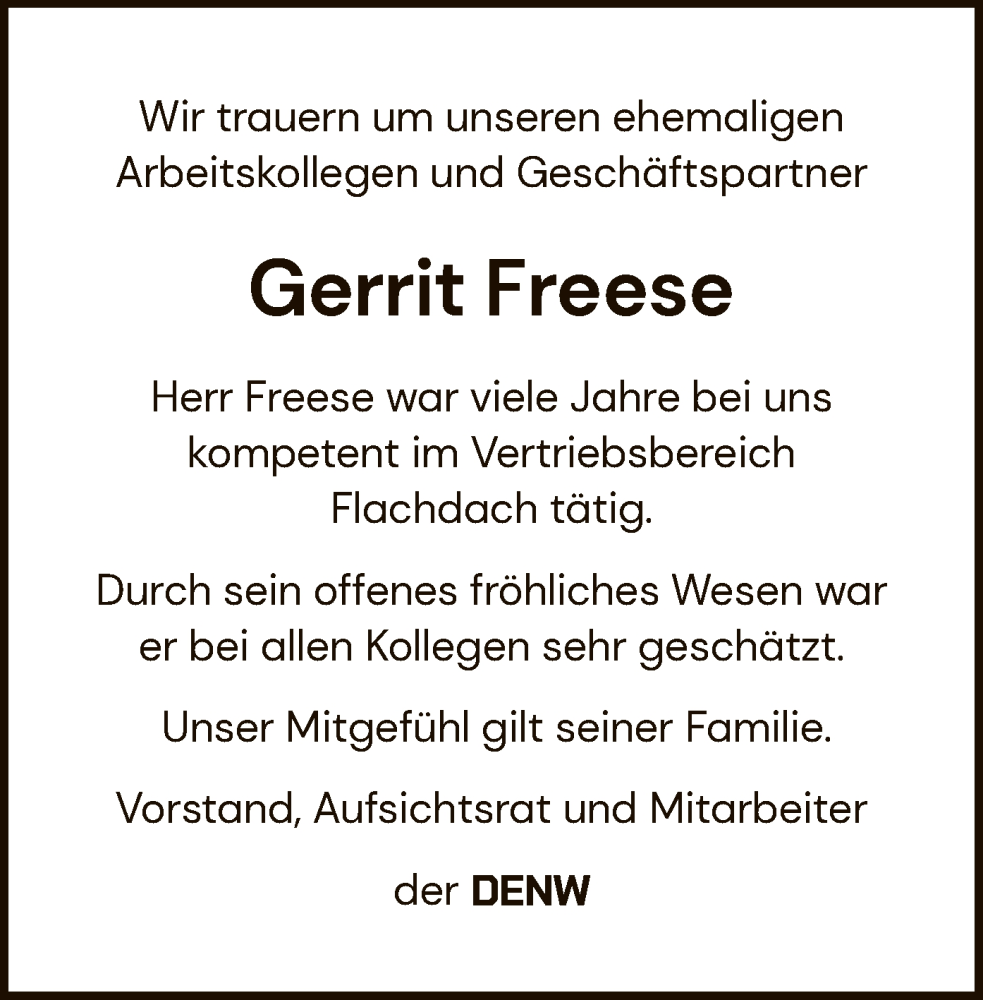  Traueranzeige für Gerrit Freese vom 22.07.2023 aus SYK