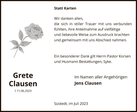 Traueranzeige von Grete Clausen von SYK