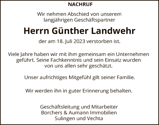 Traueranzeige von Günther Landwehr von SYK