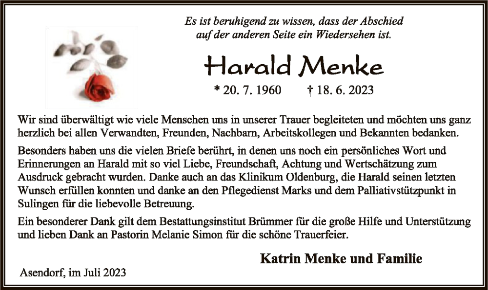  Traueranzeige für Harald Menke vom 22.07.2023 aus SYK
