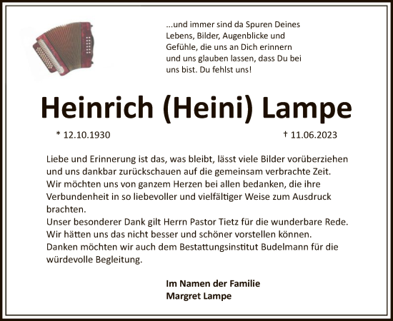 Traueranzeige von Heinrich Lampe von SYK