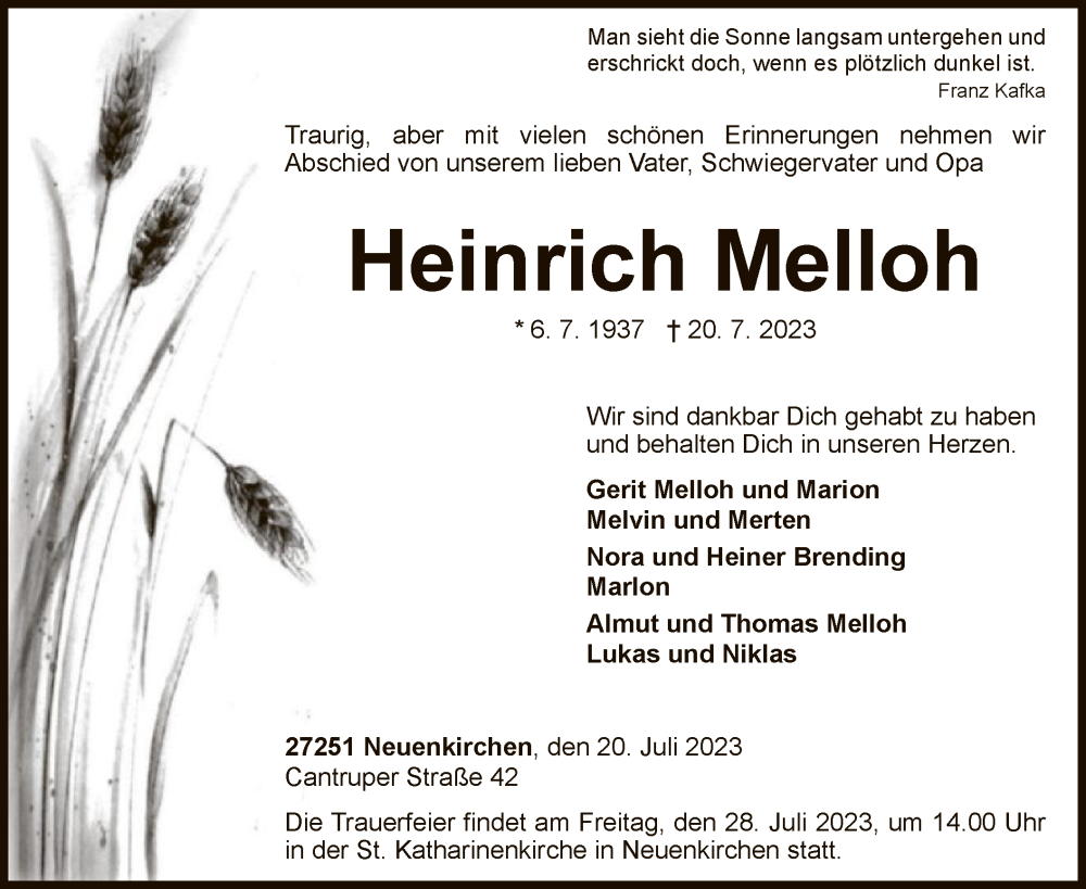  Traueranzeige für Heinrich Melloh vom 25.07.2023 aus SYK