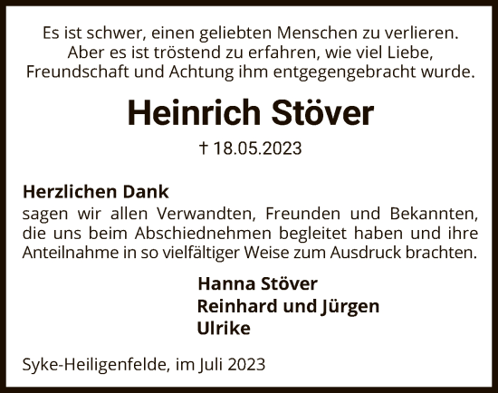 Traueranzeige von Heinrich Stöver von SYK