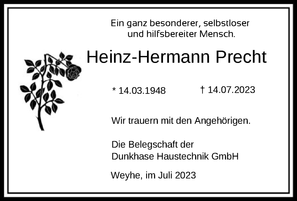  Traueranzeige für Heinz-Hermann Precht vom 22.07.2023 aus SYK
