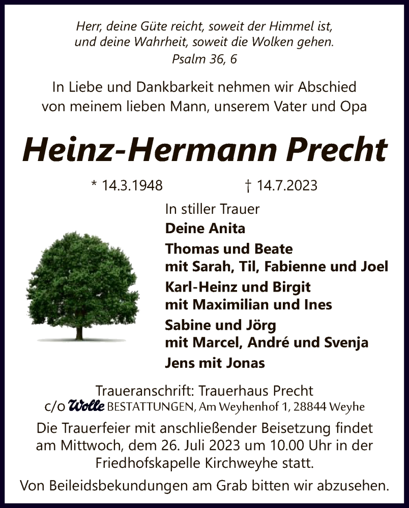 Traueranzeige für Heinz-Hermann Precht vom 22.07.2023 aus SYK
