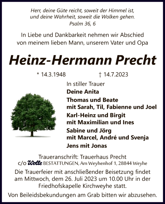 Traueranzeige von Heinz-Hermann Precht von SYK