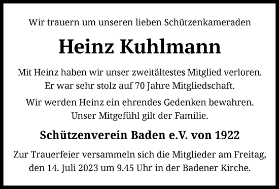 Traueranzeige von Heinz Kuhlmann von SYK